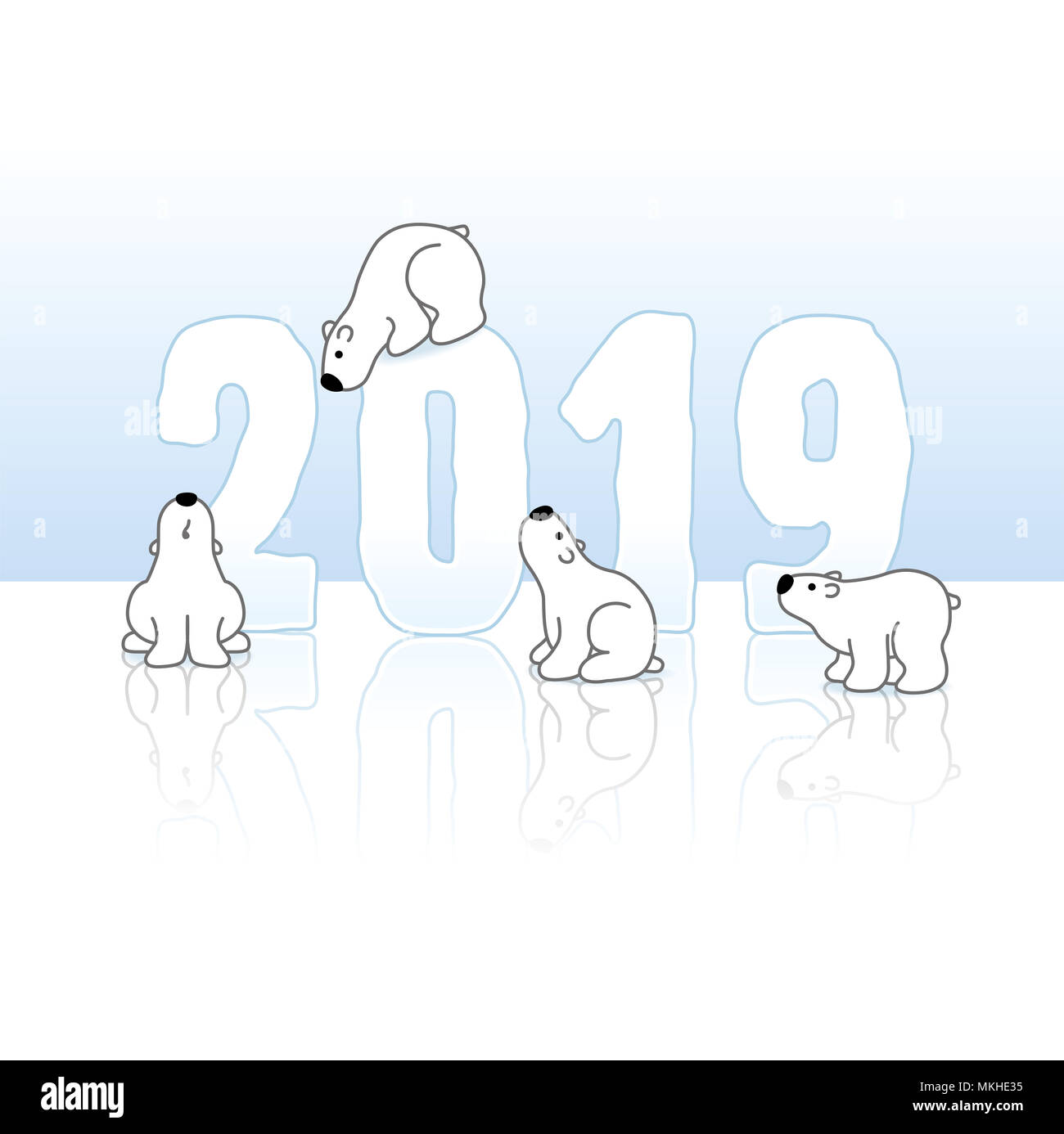Quattro simpatici orsi polari e di Nuovo Anno 2019 con riflessioni su un Blu ghiaccio sfondo a freddo Foto Stock
