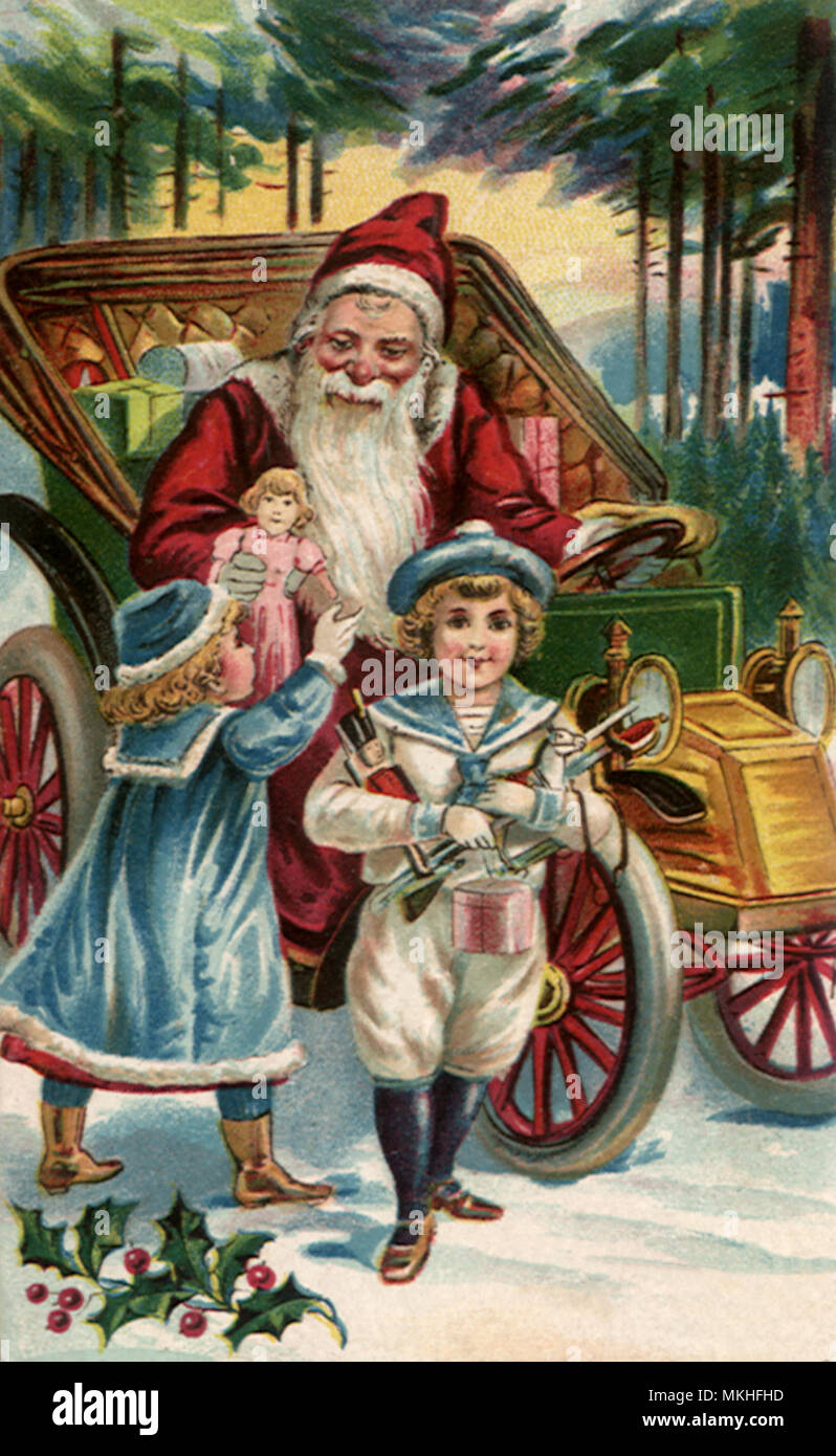 Santa seduti in auto con i bambini Foto Stock