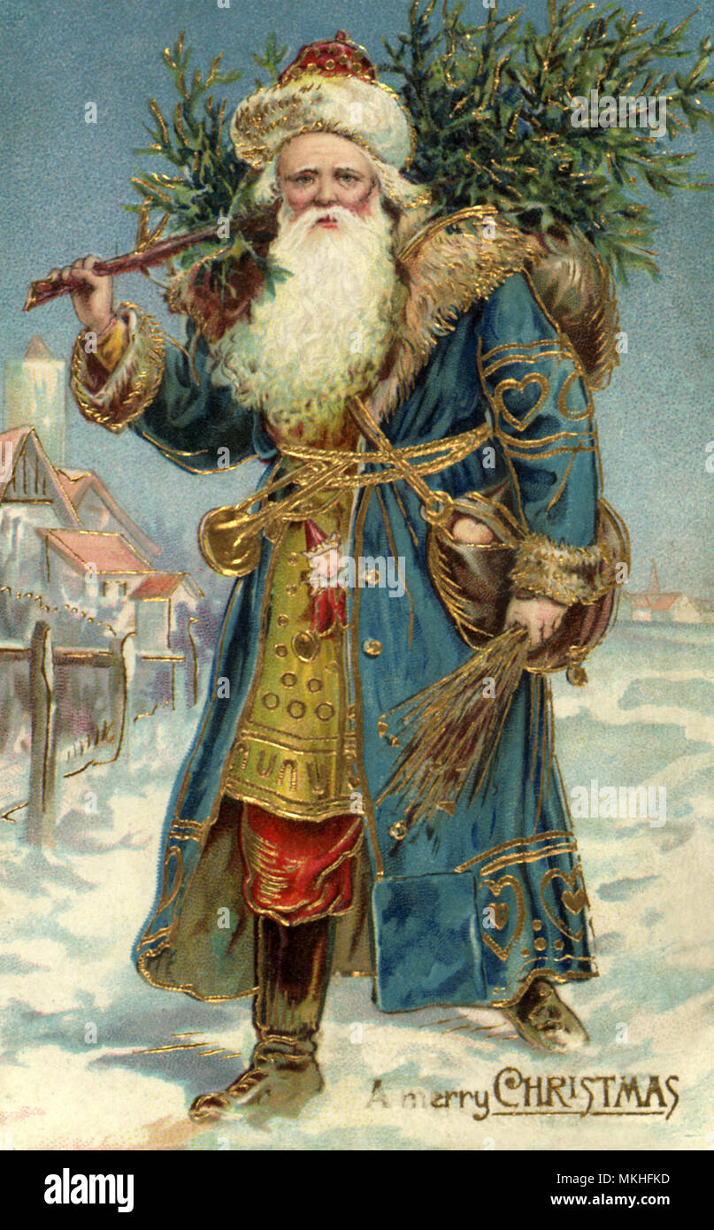 Santa in blu e oro tuta Struttura portante Foto Stock