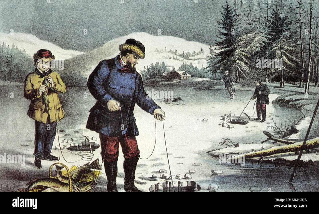 Pesca sul ghiaccio su un lago ghiacciato Foto Stock