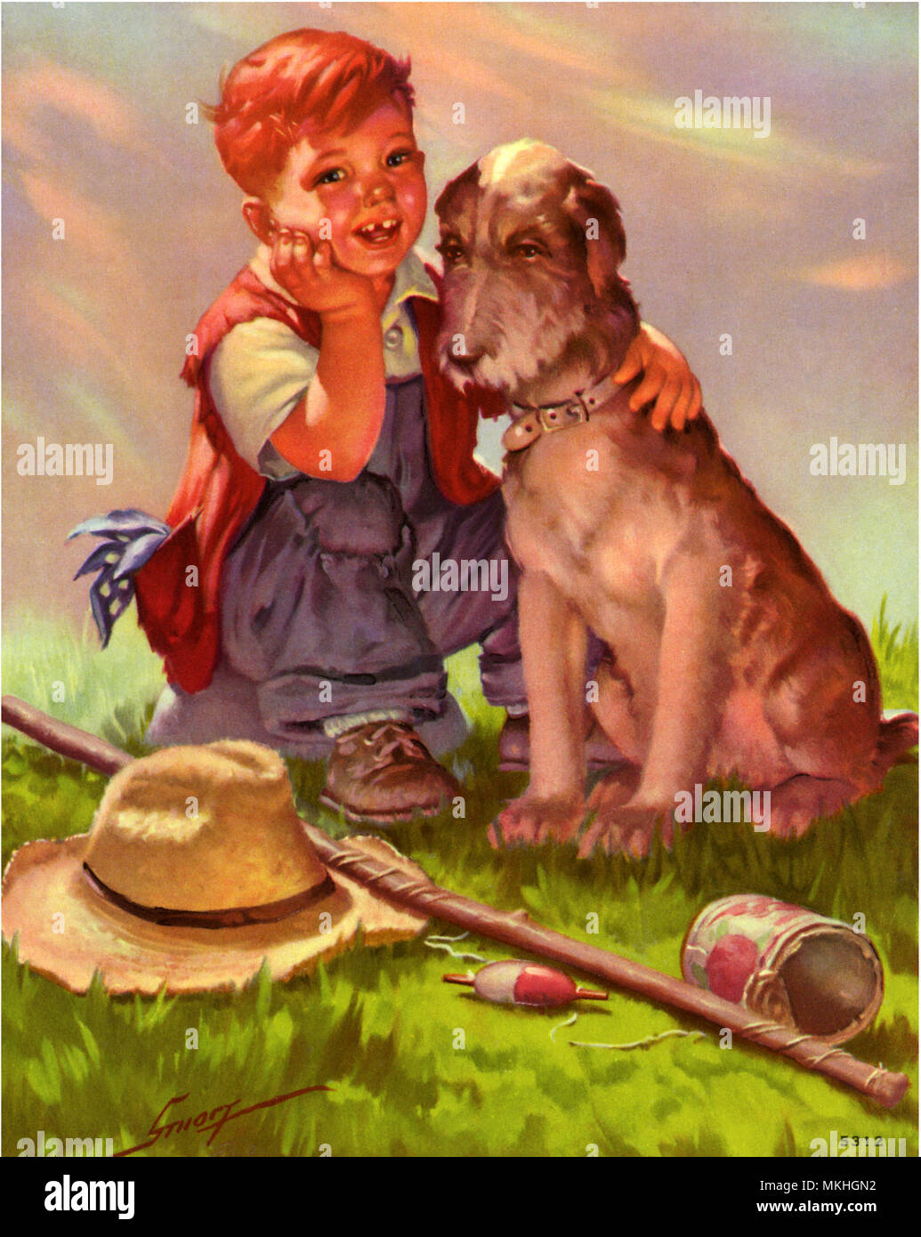 Ragazzo del cane e di andare a pesca Foto Stock