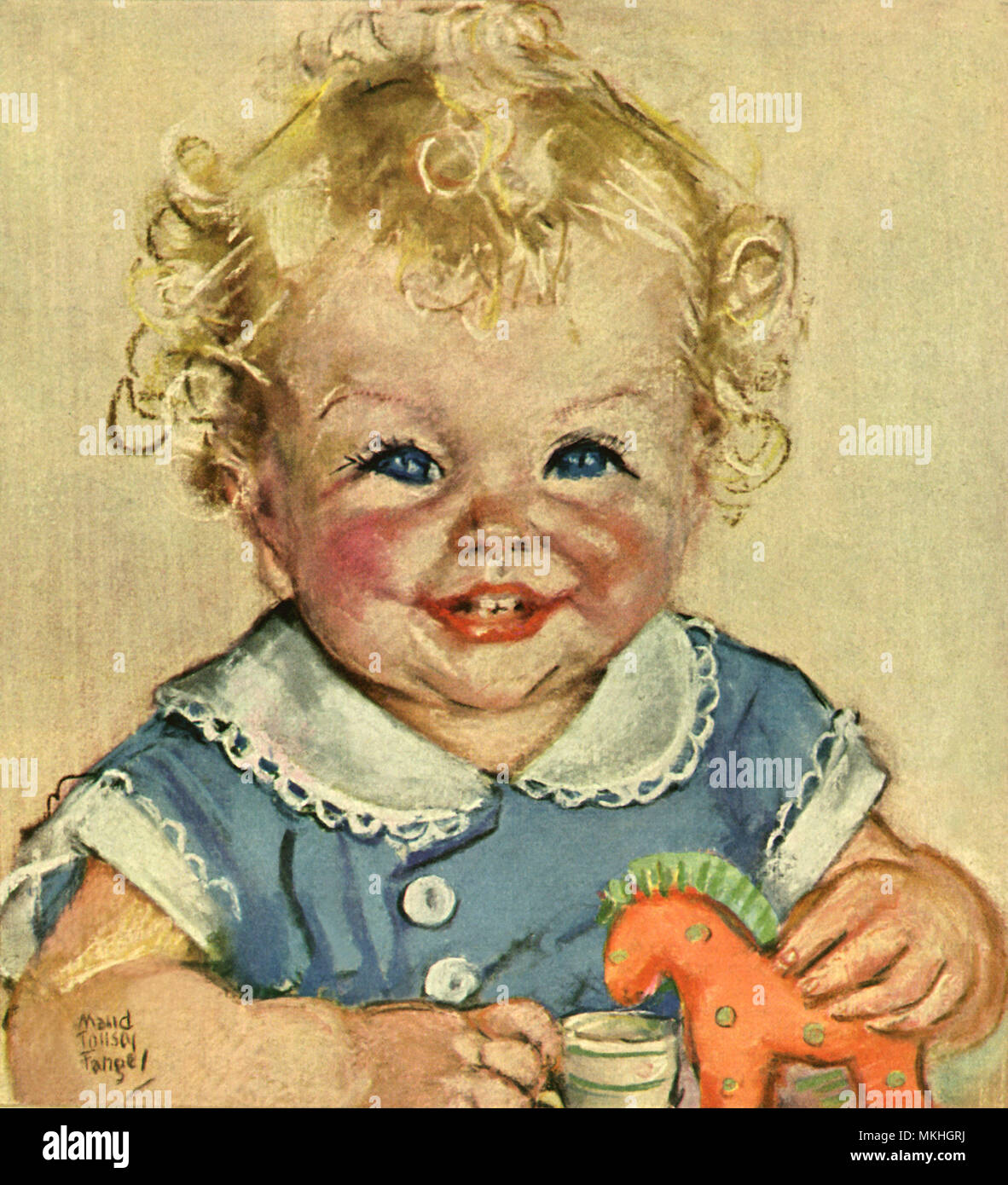 Bambino sorridente con cavallo giocattolo Foto Stock