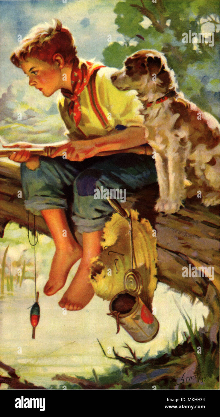 Ragazzo del cane e la pesca Foto Stock