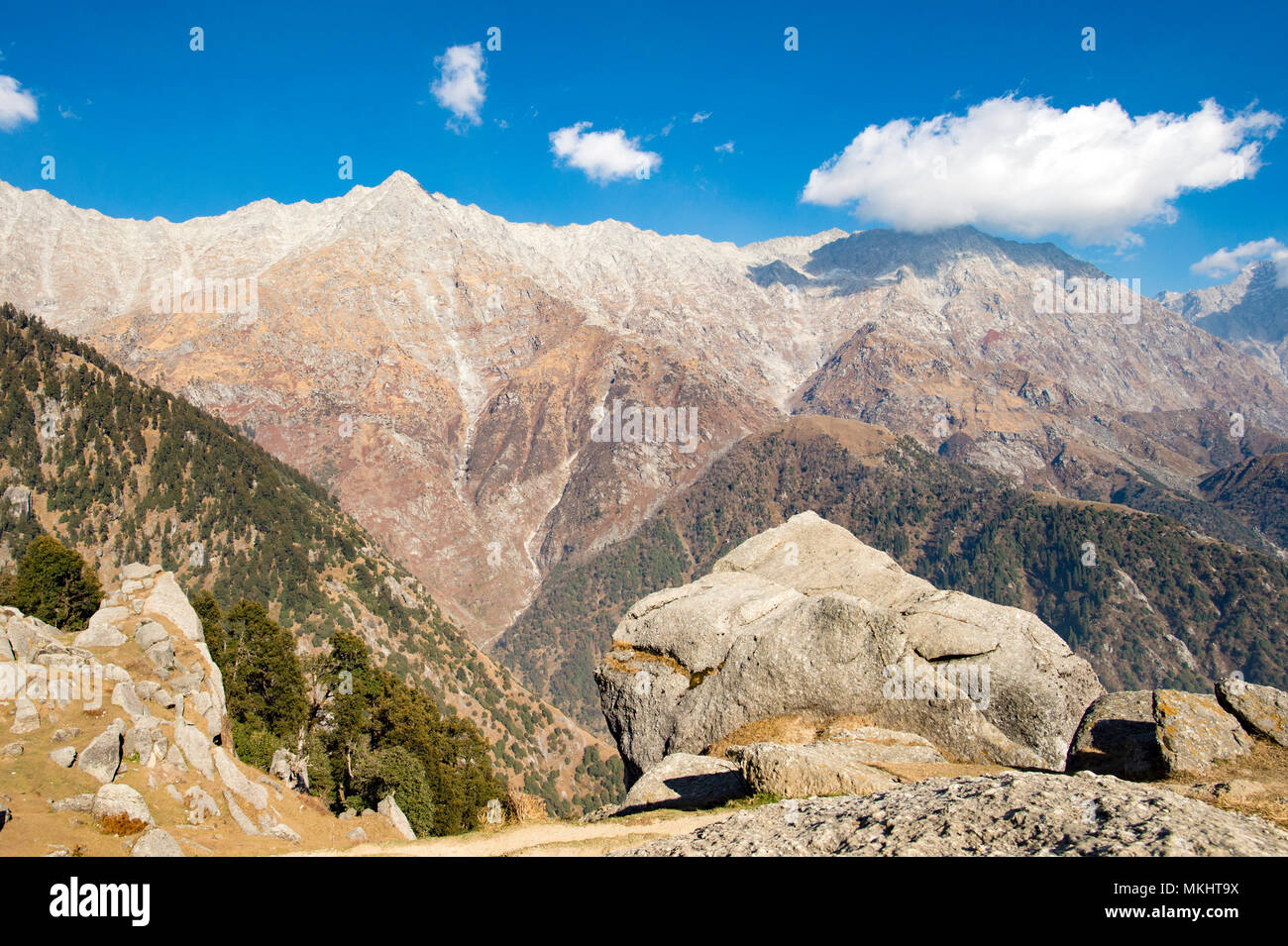 'Selettiva focus' una bella vista del Dhauladhar gamme della montagna durante una giornata di sole e alcune nuvole. Triund, Himachal Pradesh. India Foto Stock