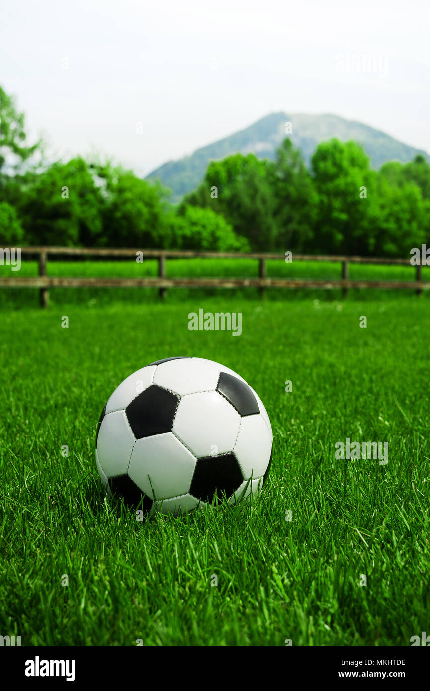 Classico bianco e nero pallone da calcio in erba naturale di fronte a una montagna di Salisburgo, Austria Foto Stock