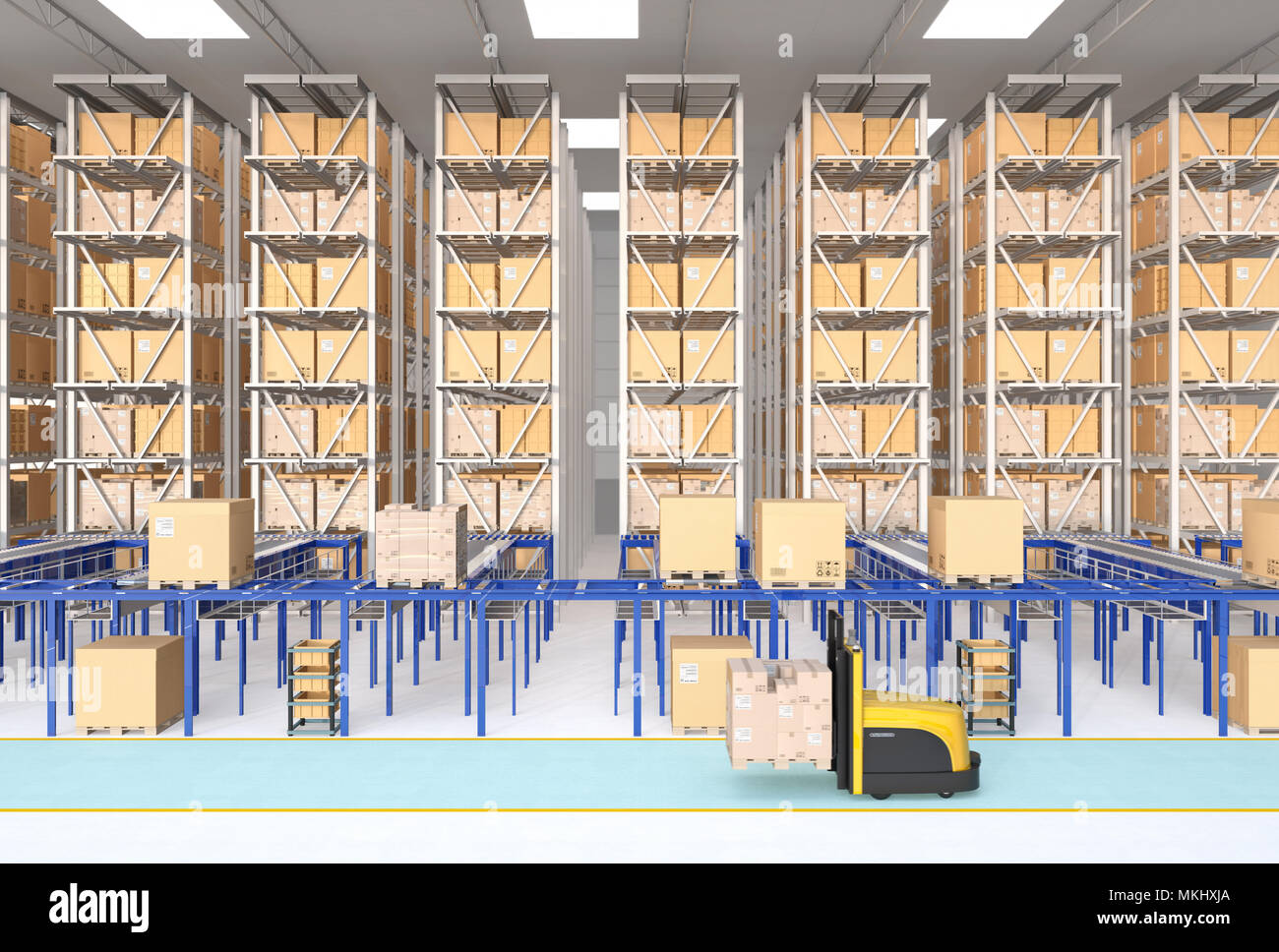 Moderno automatizzato centro logistico di interni. AGV e autonoma di carrelli che trasportano merci. Concetto di un sistema automatizzato di soluzione logistica. Foto Stock