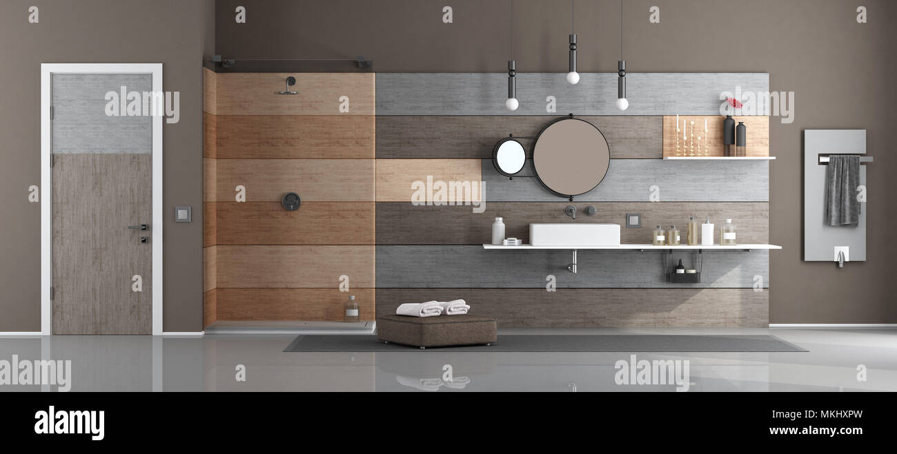 Bagno moderno con doccia e lavabo contro la pannellatura in legno - 3d rendering Foto Stock