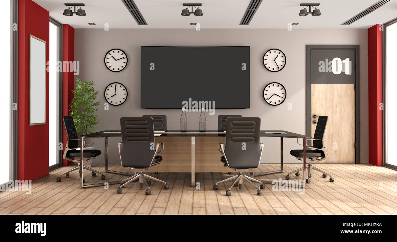 Moderna sala riunioni con tavolo e sedia da ufficio e schermo di grandi dimensioni sulla parete - 3d rendering Foto Stock