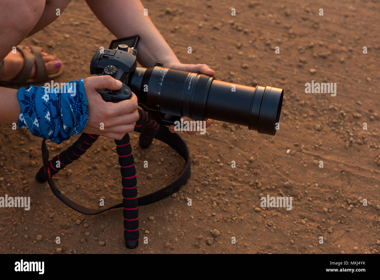 Operatore di ripresa la preparazione di fotocamera DSLR con grande lente per le riprese in gloria di pomeriggio di luce. Foto Stock