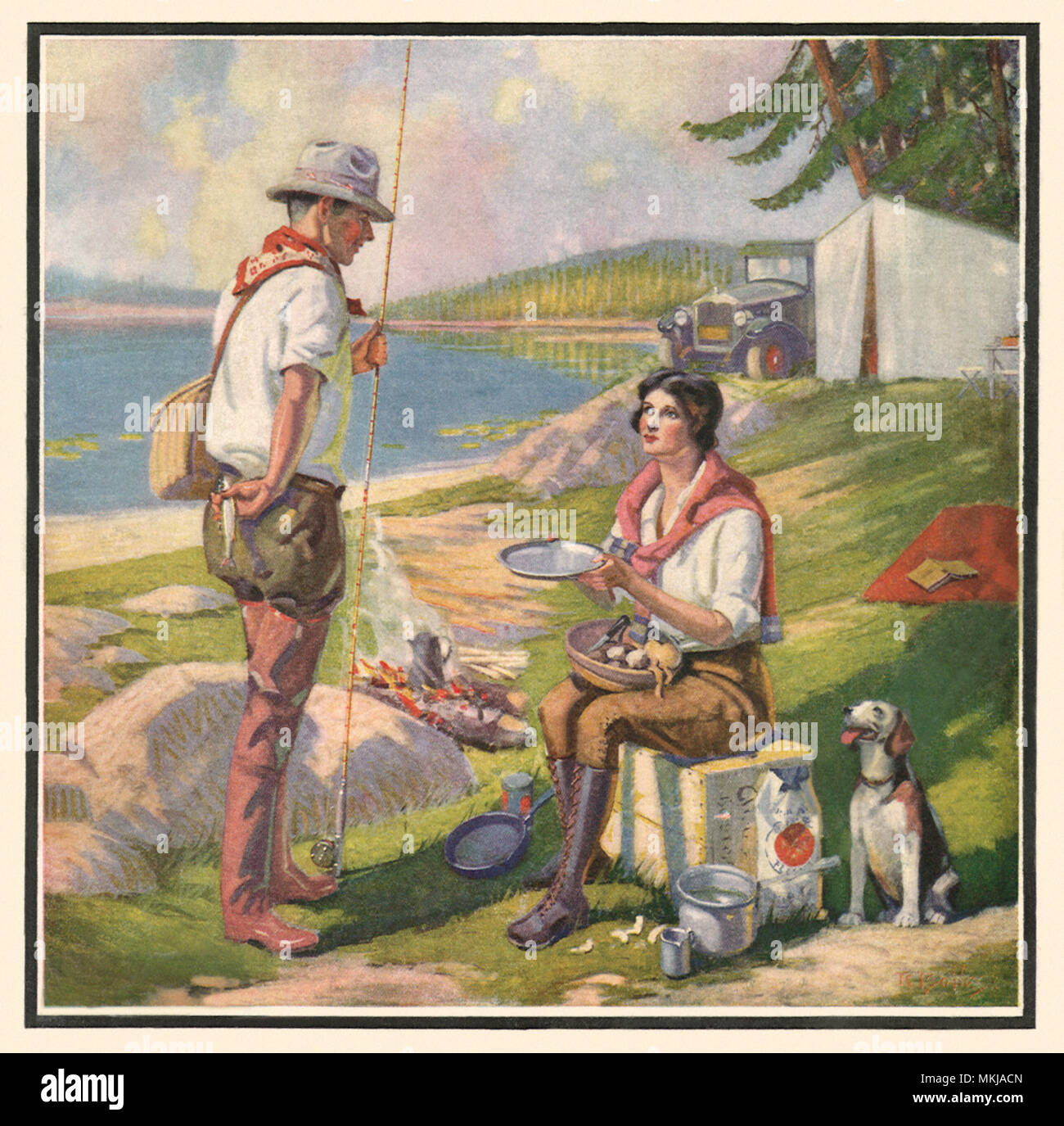 La pesca e il campeggio. Foto Stock