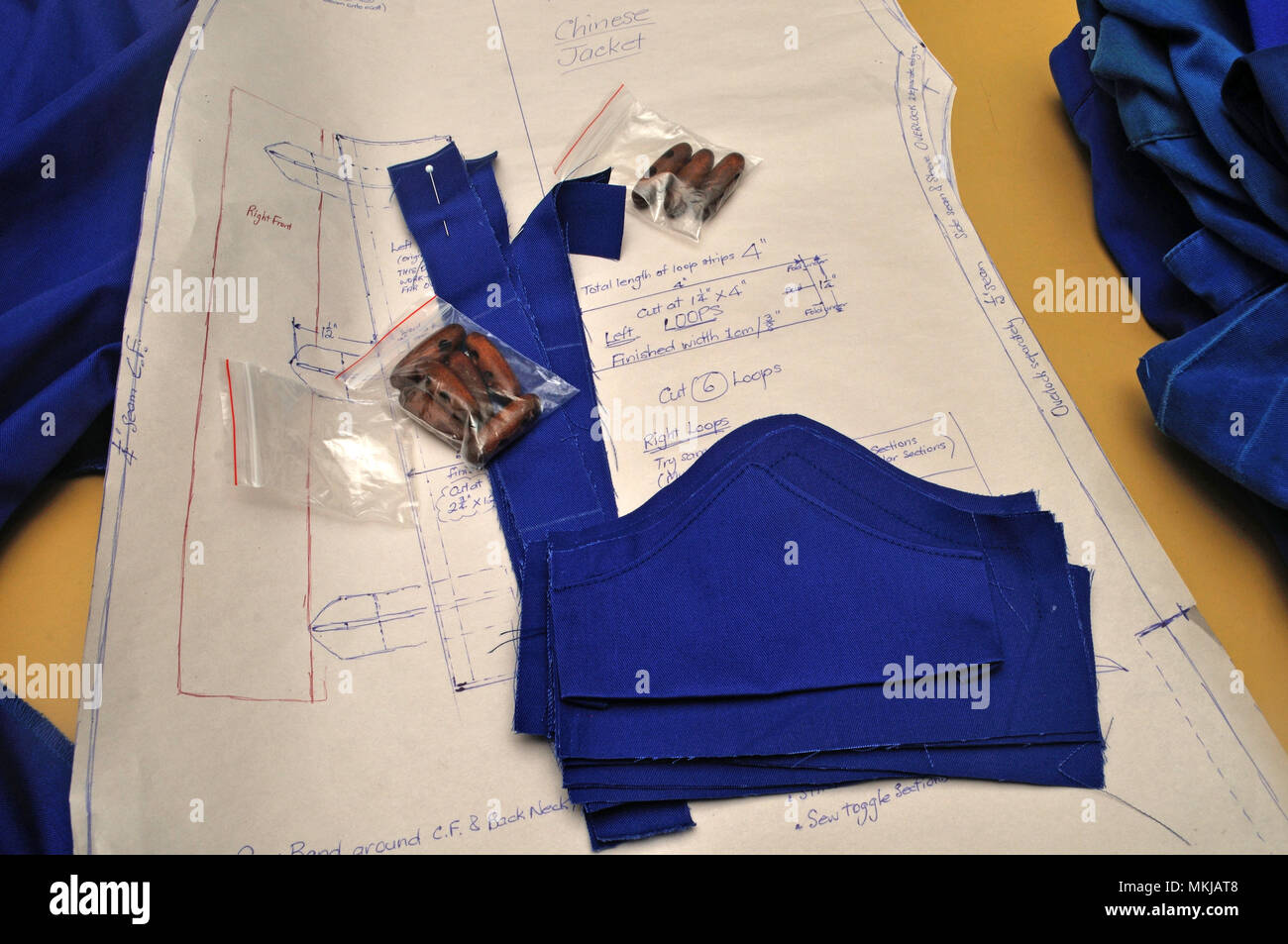Un pattern e di vari elementi per la realizzazione di una camicia cinese di sedersi sul piano commerciale in camera di cucitura Foto Stock