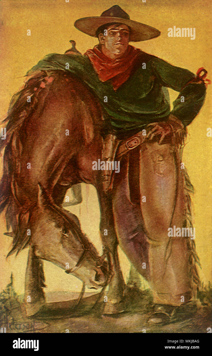 Il cowboy si appoggia sul cavallo Foto Stock