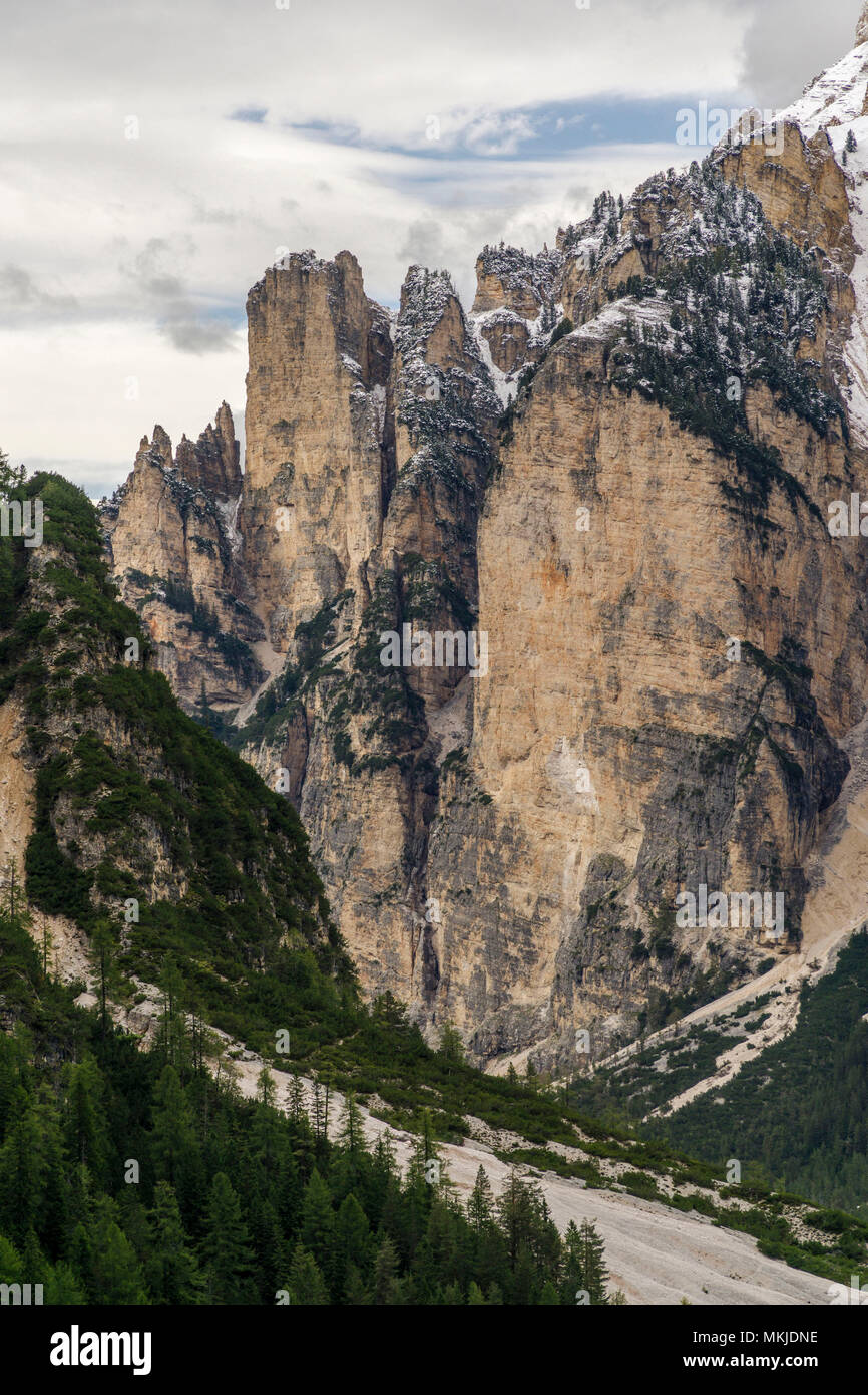 Il parco naturale di Fanes Sennes, ripida parete di roccia la Tamar Rautal , Dolomiti, Naturpark Fanes Sennes, Steilwand des Tamarsfels Rautal im , Dolomit Foto Stock