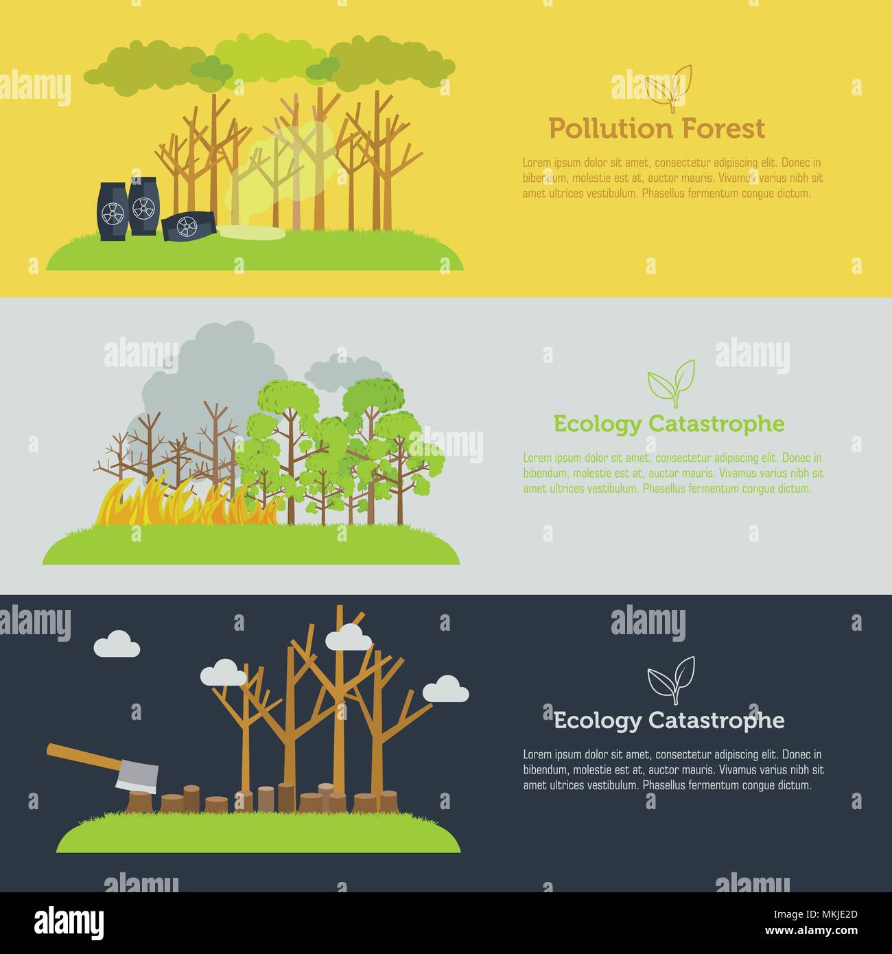 Problema di natura la deforestazione, fire tree e banner di inquinamento in stile appartamento di design. Modello per il sito web Illustrazione Vettoriale