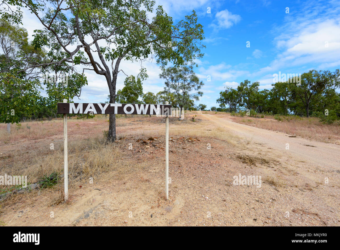 Ingresso segno di Maytown, un vecchio Gold Rush città fantasma, estremo Nord Queensland, FNQ, QLD, Australia Foto Stock