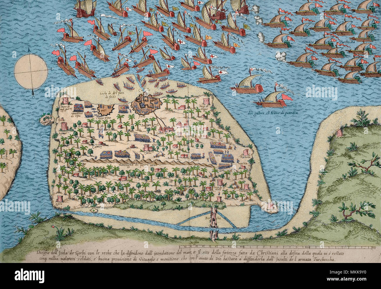 Isola tunisina di Gerba (Djerba) sotto il dominio almohade fin dal 1160. Nel 1284 cadde sotto il potere di Roger de Lluria. Più tardi Pedro Navarro, nel 1511, ha fallito nel suo tentativo di conquista e nel 1560 gli spagnoli hanno subito una nuova sconfitta quando si cerca di strappare il corsaro turco Dragut (morto nel 1565). Incisione del XVI secolo. Colorazione successiva. Foto Stock