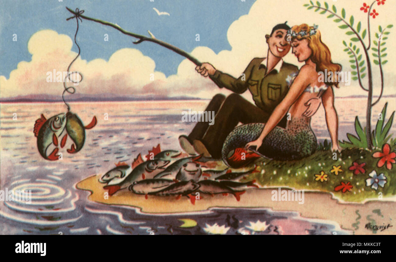Uomo di pesca con Mermaid Foto Stock