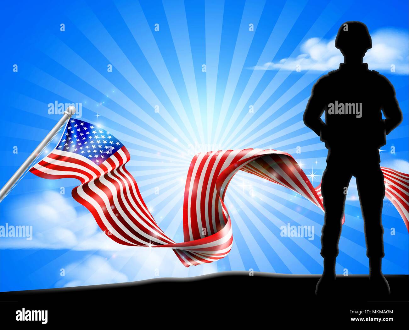 Soldato patriottica bandiera americana sfondo Illustrazione Vettoriale