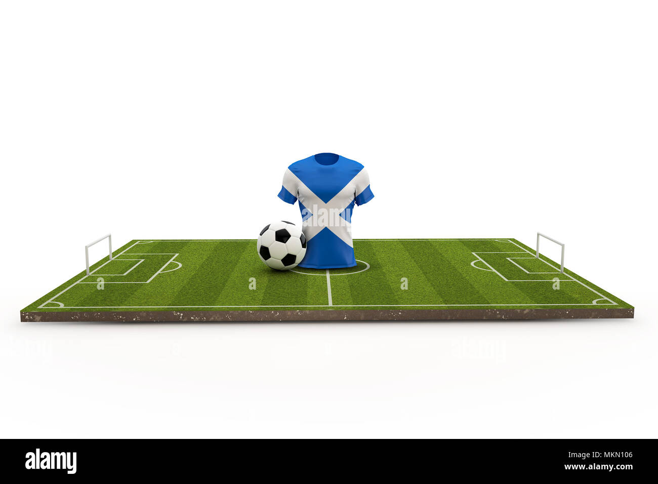 Scozia soccer shirt bandiera nazionale su un campo di calcio. Il rendering 3D Foto Stock