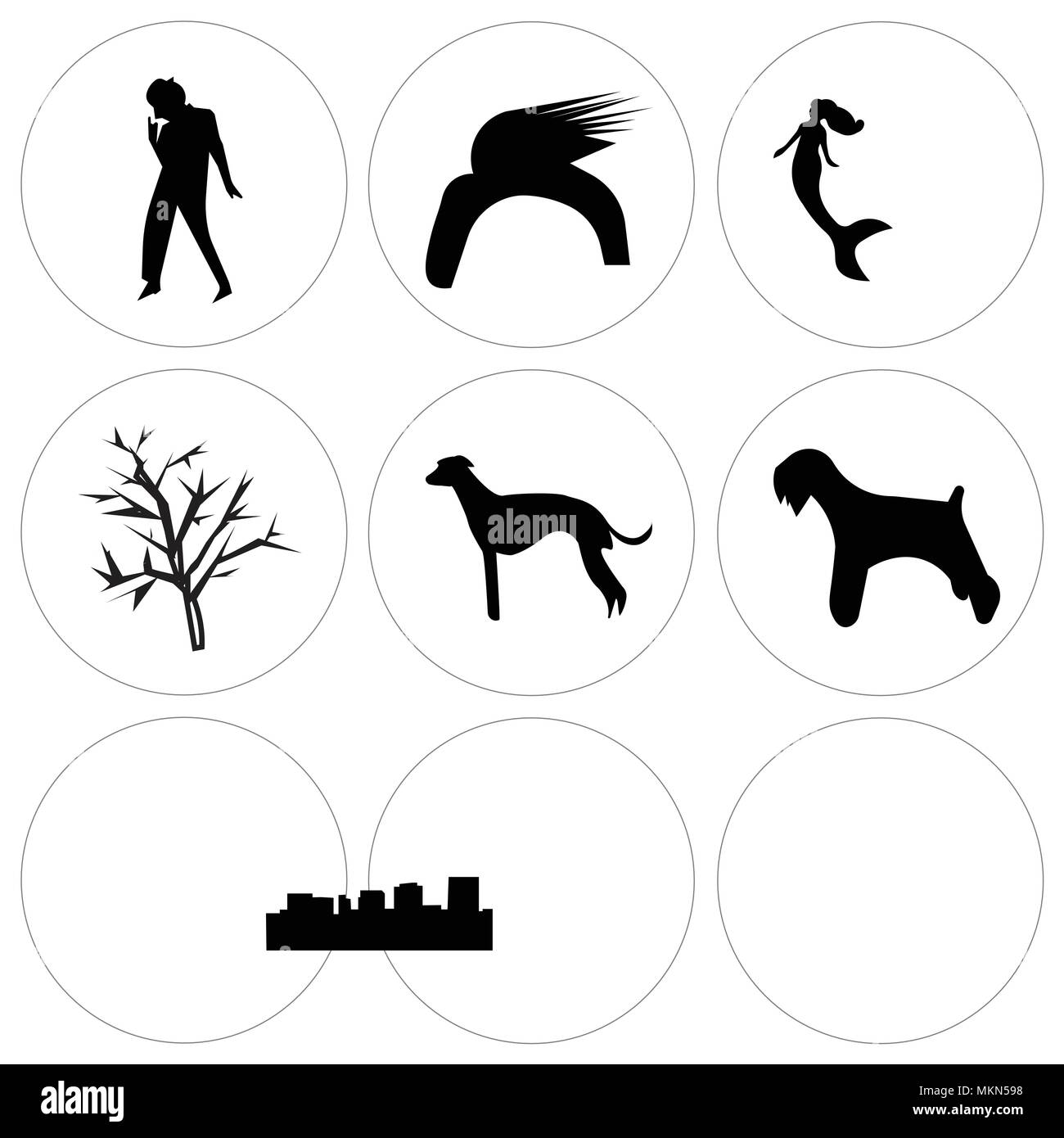 Set di 9 semplici icone modificabile come miniatura schnauzer, whippet, richmond sky, mesquite tree, edmonton mermaid, Donald Trump capelli, michael jackson Illustrazione Vettoriale
