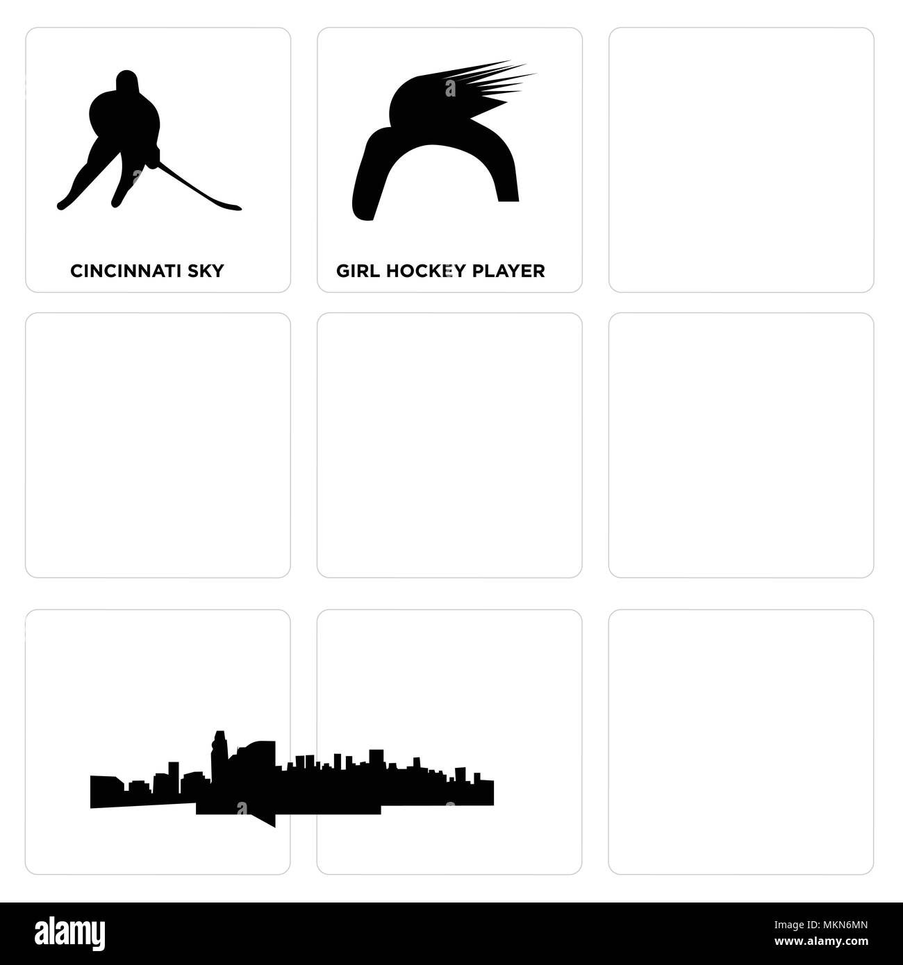 Set di 9 semplici icone modificabile come Donald Trump capelli, gratis Cielo di Nashville, Jeep Wrangler, charlotte las vegas strip, edmonton omaha ragazza hockey pla Illustrazione Vettoriale