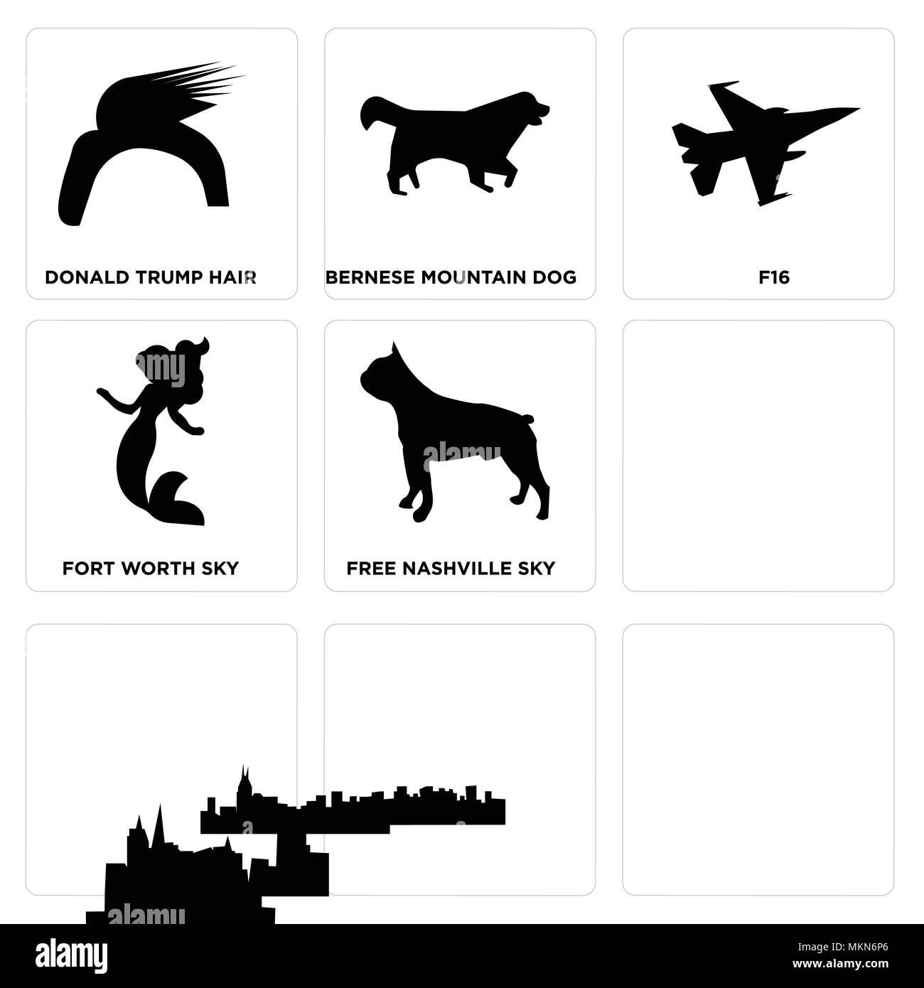 Set di 9 semplici icone modificabile come Boston Terrier, Omaha sky, edmonton sirenetta, libero nashville Fort Worth f16, Il Bovaro del Bernese, Donald Illustrazione Vettoriale