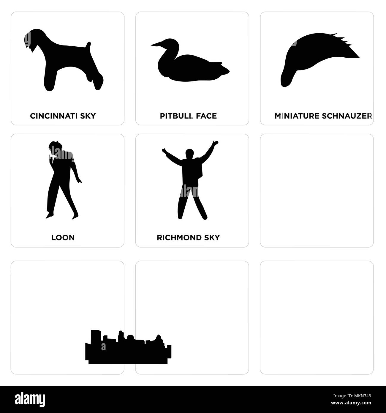 Set di 9 semplici icone modificabili quali Elvis, edmonton sky, michael jackson, Donald Trump capelli, richmond loon, miniatura schnauzer, pitbull faccia, cinc Illustrazione Vettoriale