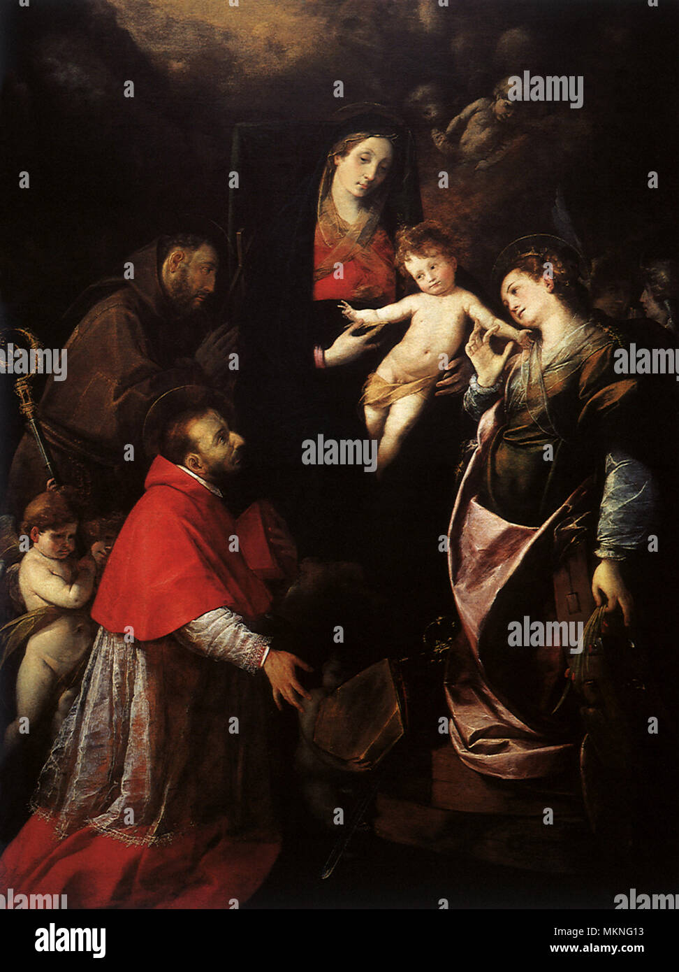 Madonna con il Bambino e i Santi Francesco, Charles & Catherine Foto Stock