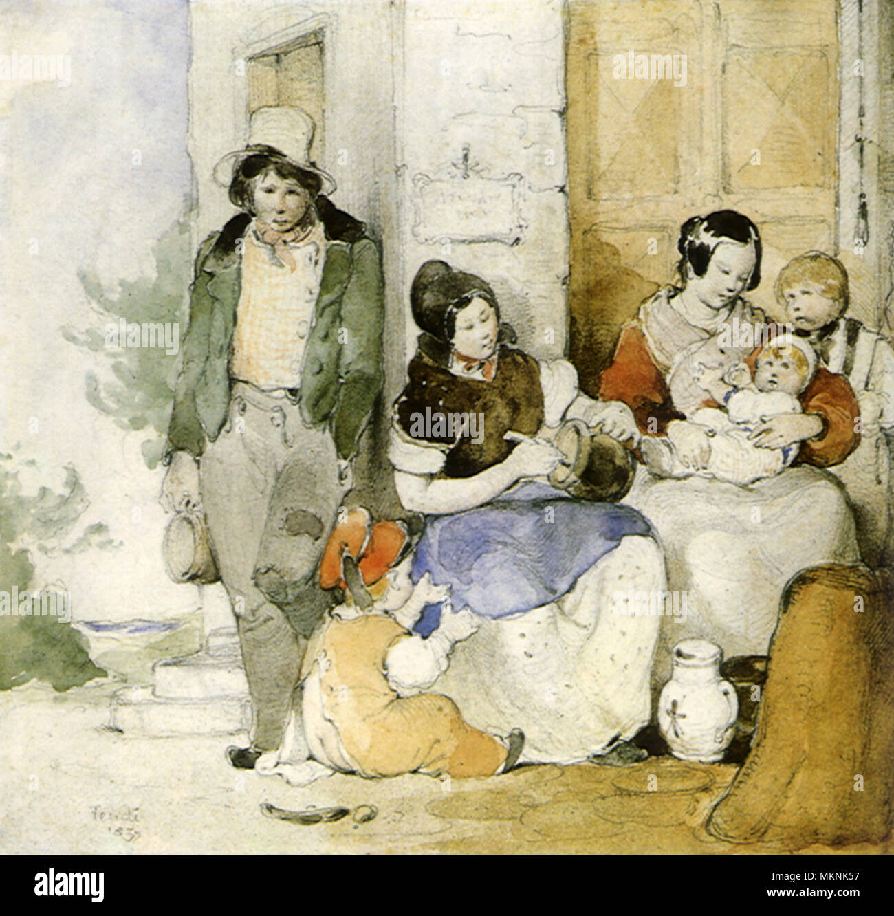 Due donne con i loro bambini e una figura maschile Foto Stock