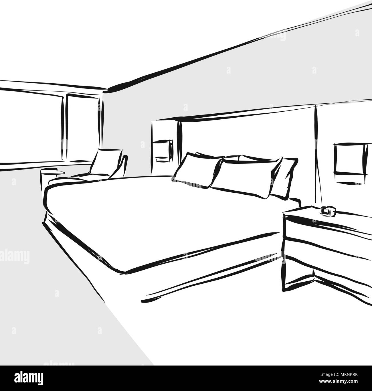 Camera da letto interior design concept disegno, disegnati a mano illustrazione vettoriale Illustrazione Vettoriale