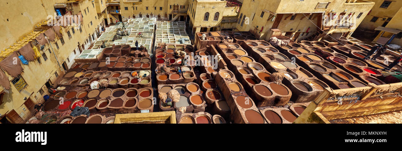 Fabbrica di pelle per pelle tradizionale pittura in vasche di pietra con la  vernice nella città di Fez, Marocco, panoramica Foto stock - Alamy