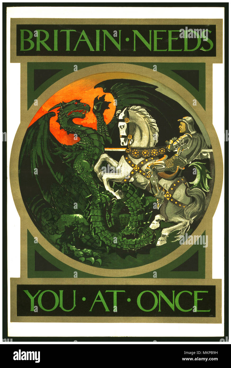 Un WWI 1915 British assunzione poster parlamentare dal Comitato d' assunzione di San Giorgio e il drago, un simbolo nazionale per diverse parti in guerra mondiale 1 (che comprendeva la Germania). "La Gran Bretagna ha bisogno di voi in una volta parlamentare" Comitato d' Assunzione 1915 litografia di scena del drago Foto Stock