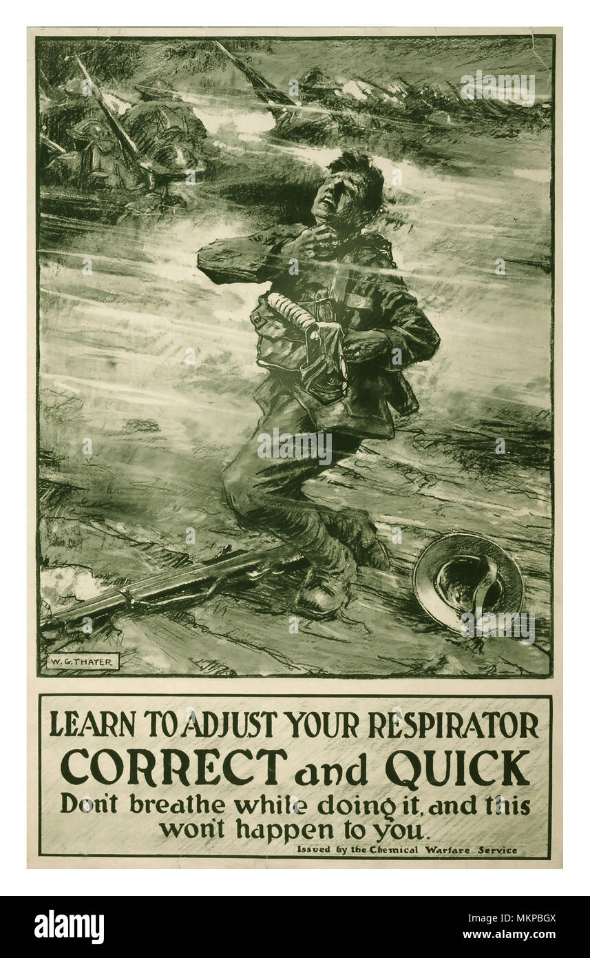 WW1 Poster Vintage usa le truppe Americane Informazioni consulenza e attenzione nella regolazione di un respiratore per un nemico il veleno del gas di attacco chimico Foto Stock