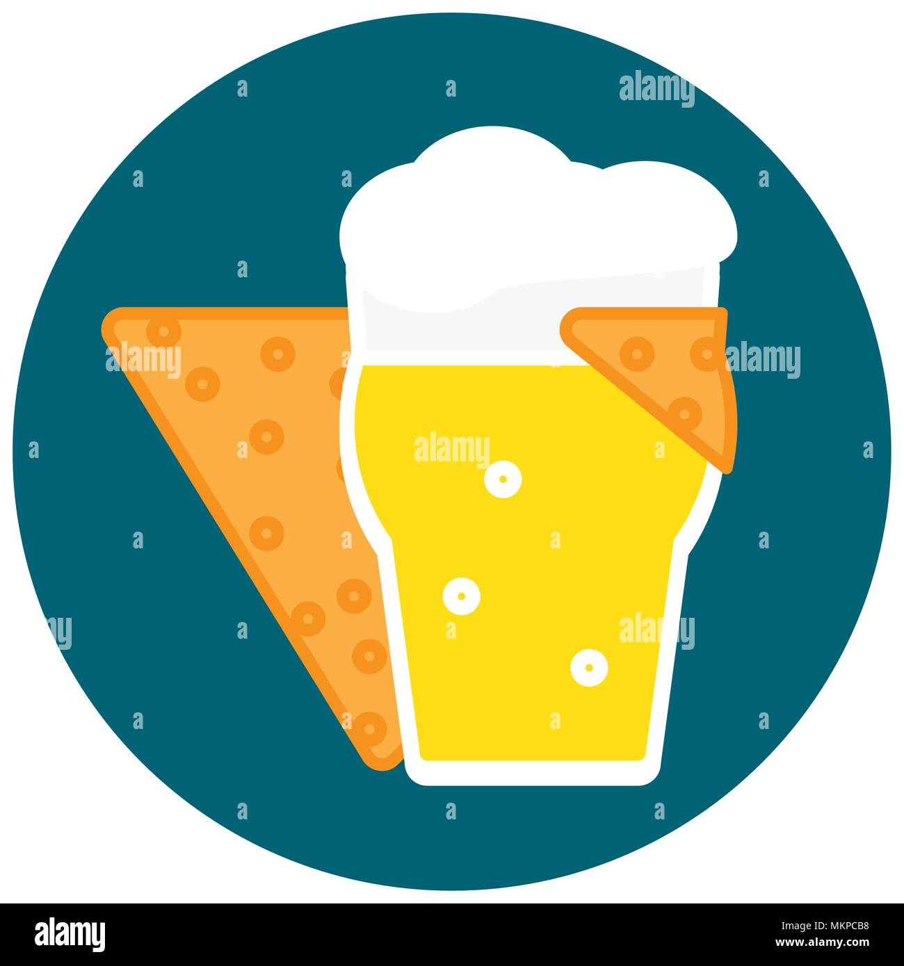 Chip di mais abbracci un bicchiere di birra fredda con la schiuma di icona di stile di piatto illustrazione vettoriale Illustrazione Vettoriale