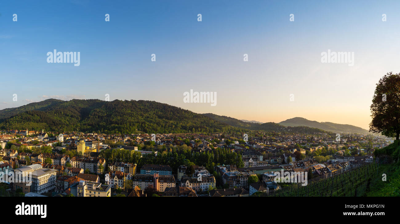 Germania, XXL panorama della città di Freiburg im Breisgau all'alba nella calda luce del tramonto Foto Stock