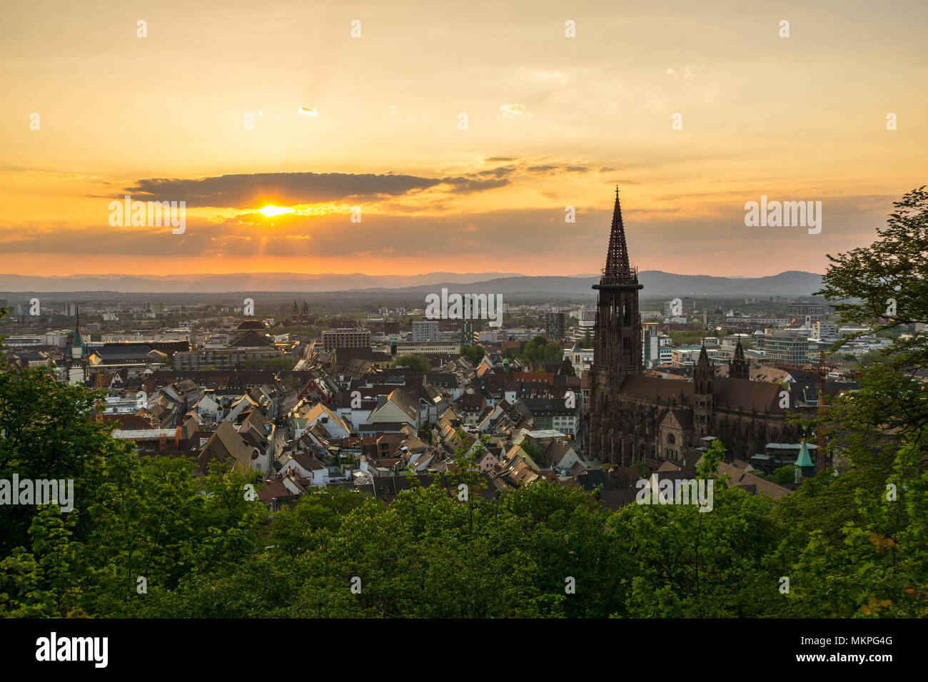 Germania, romantico la luce del tramonto sopra i tetti della città di Freiburg im Breisgau Foto Stock