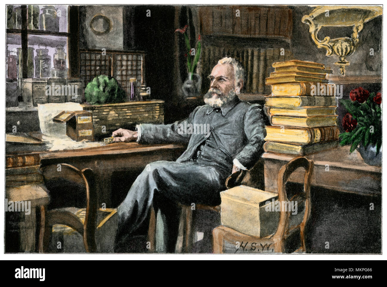 Il Professor Ernest Haeckel nel suo studio, Università di Jena, Germania. Colorate a mano i mezzitoni Foto Stock