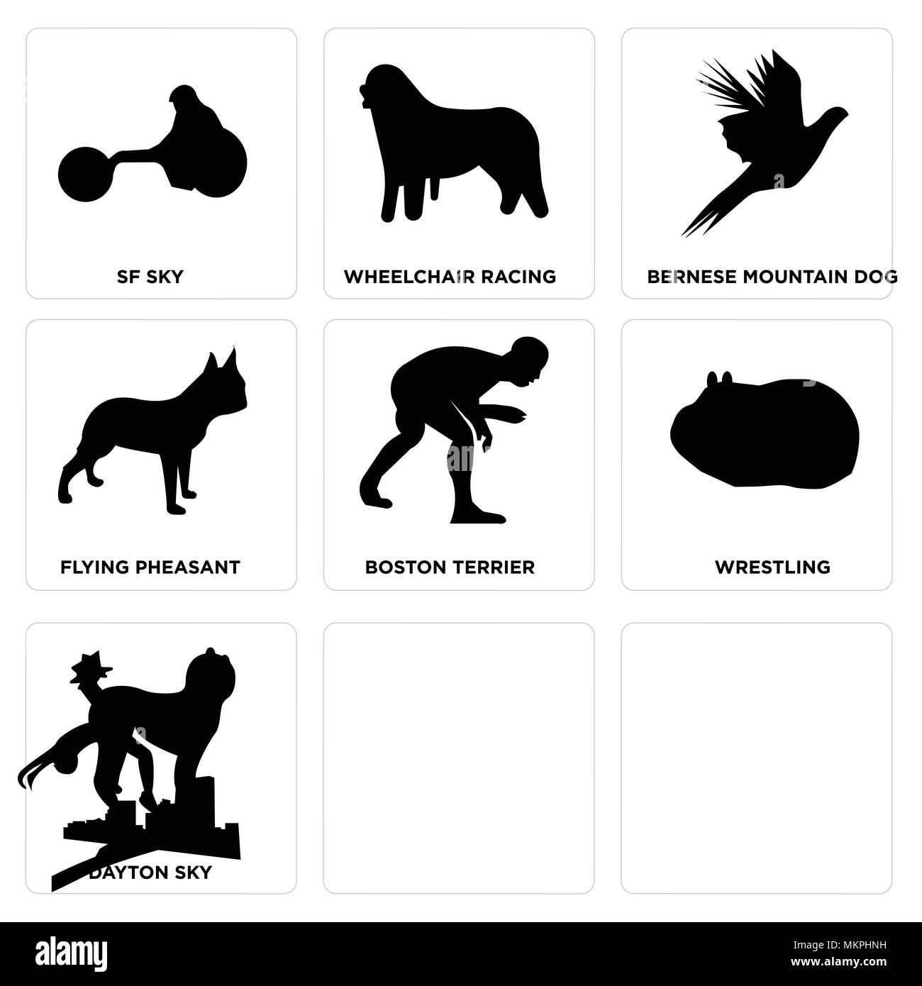 Set di 9 semplici icone modificabile come barboncino, cavia, dayton sky, wrestling, Boston Terrier, battenti fagiano, Bovaro del Bernese, sedia a rotelle ra Illustrazione Vettoriale