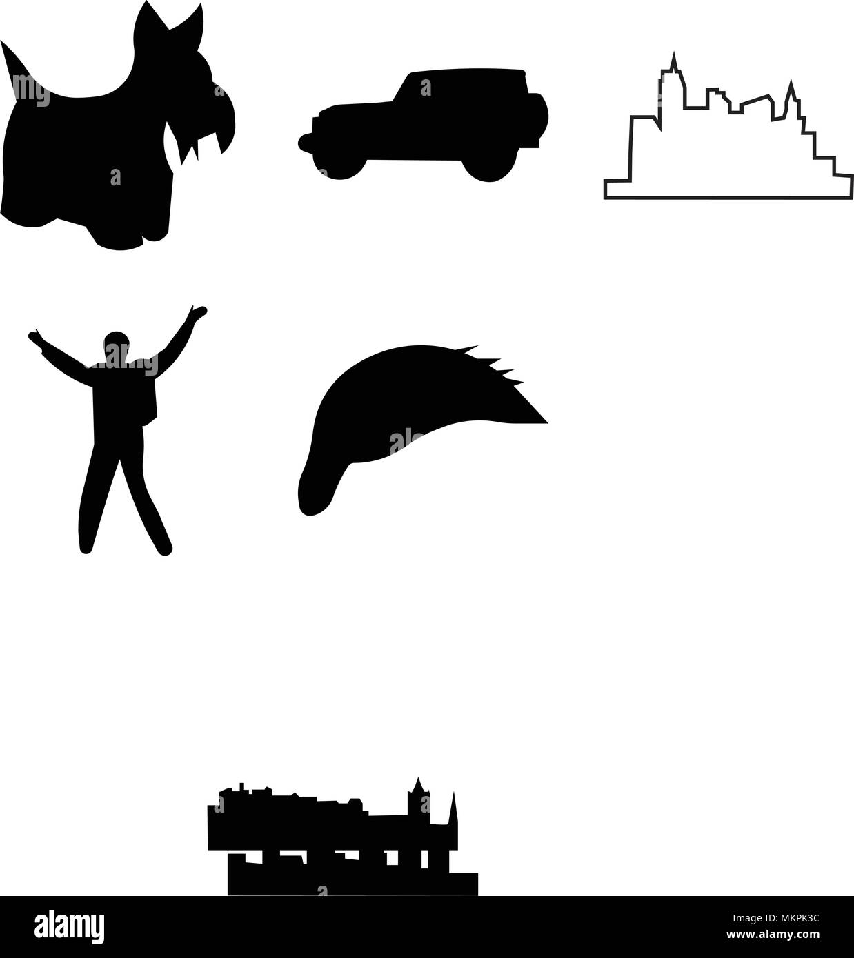 Set di 9 semplici icone modificabili come il cielo di Edimburgo, edmonton Donald Trump capelli, charlotte elvis, las vegas strip, Jeep Wrangler, richmond scottie fare Illustrazione Vettoriale