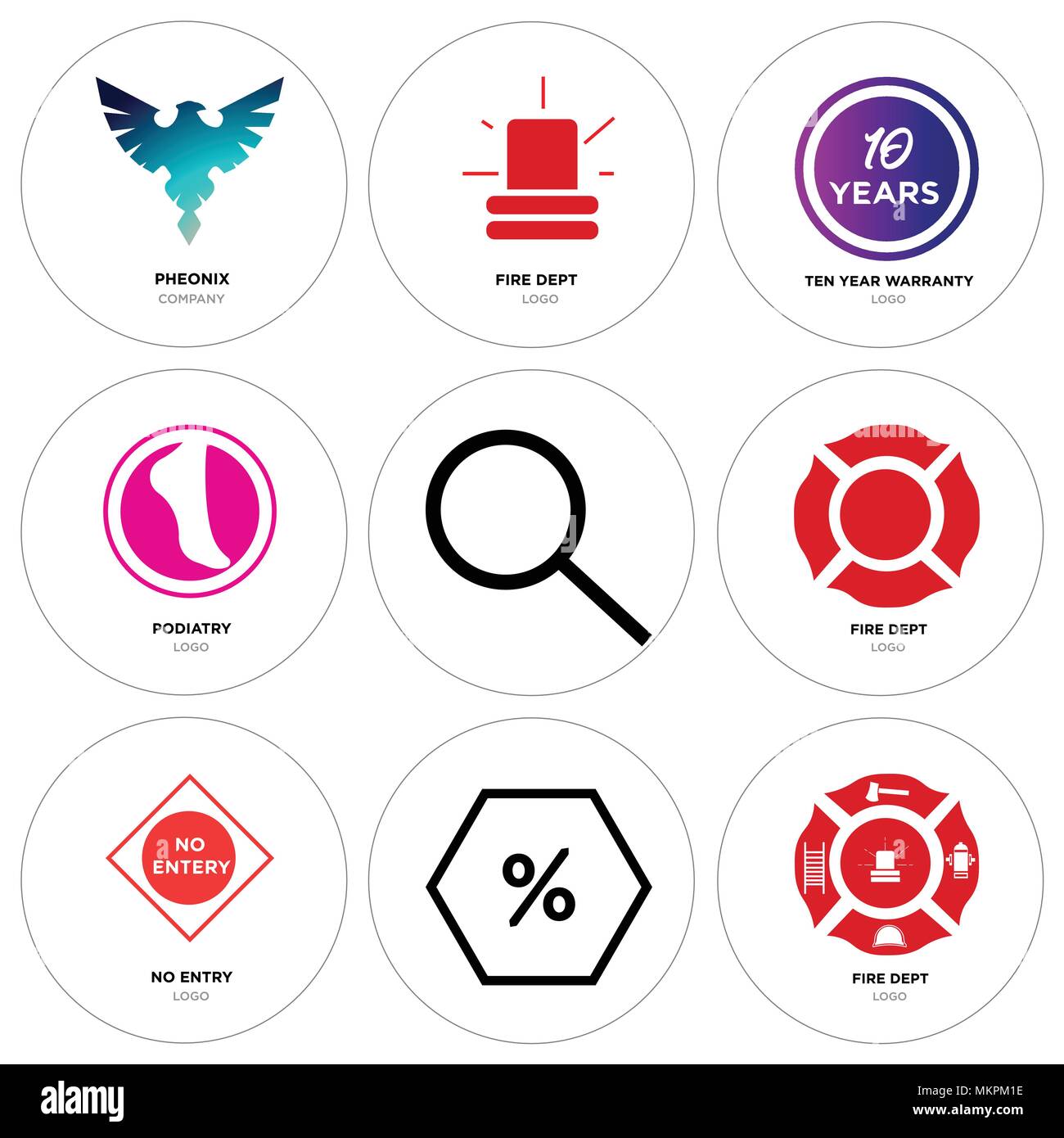 Set di 9 semplici icone modificabile come fire dept, percentuale di sconto, nessuna voce, ricerca podologia, dieci anni di garanzia, Pheonix, può essere usato per il mobile, w Illustrazione Vettoriale