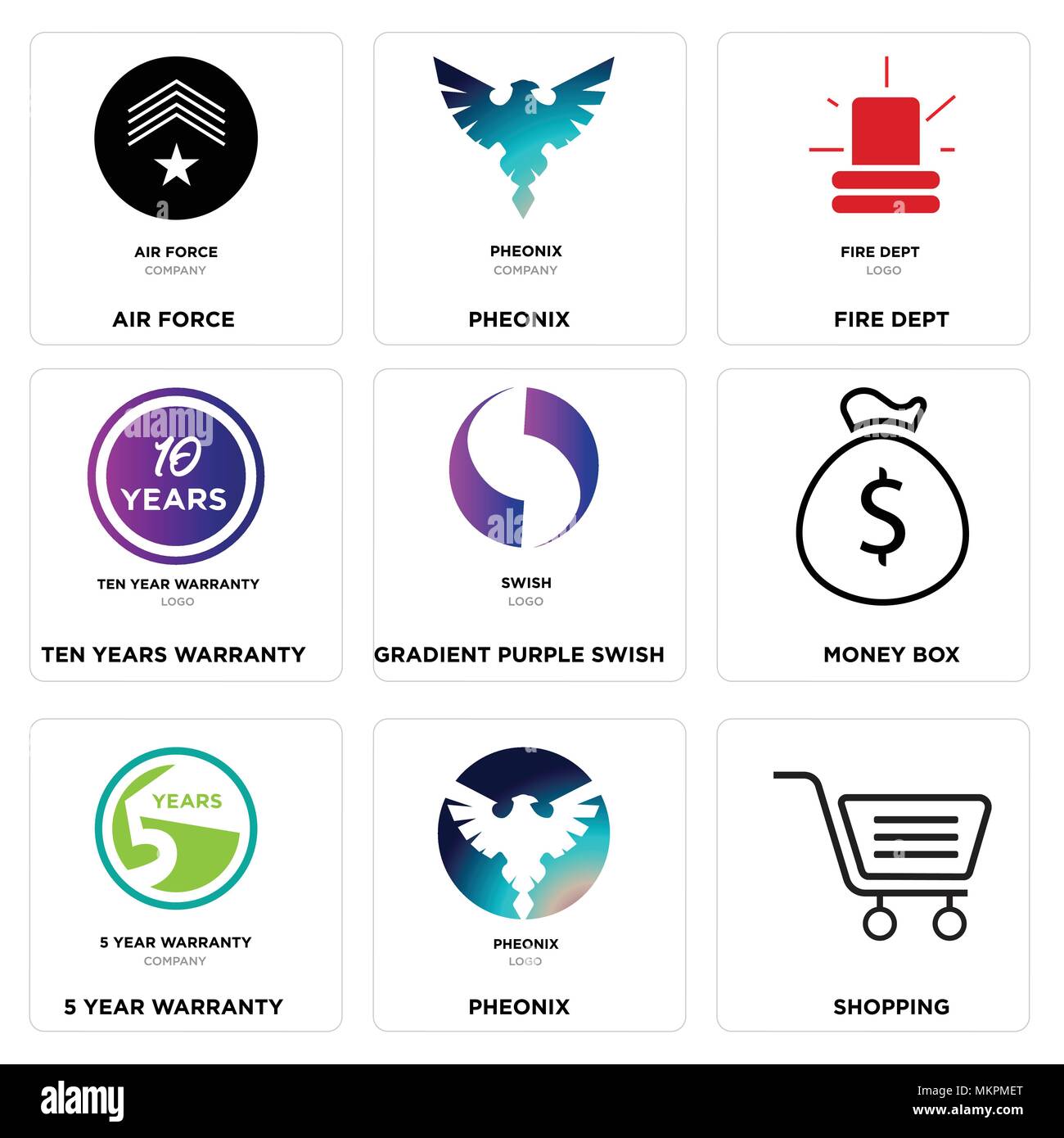 Set di 9 semplici icone modificabile come Shopping, Pheonix, 5 anno di garanzia, casella di denaro, gradiente viola alla moda, dieci anni fire dept, Air Force, può essere us Illustrazione Vettoriale
