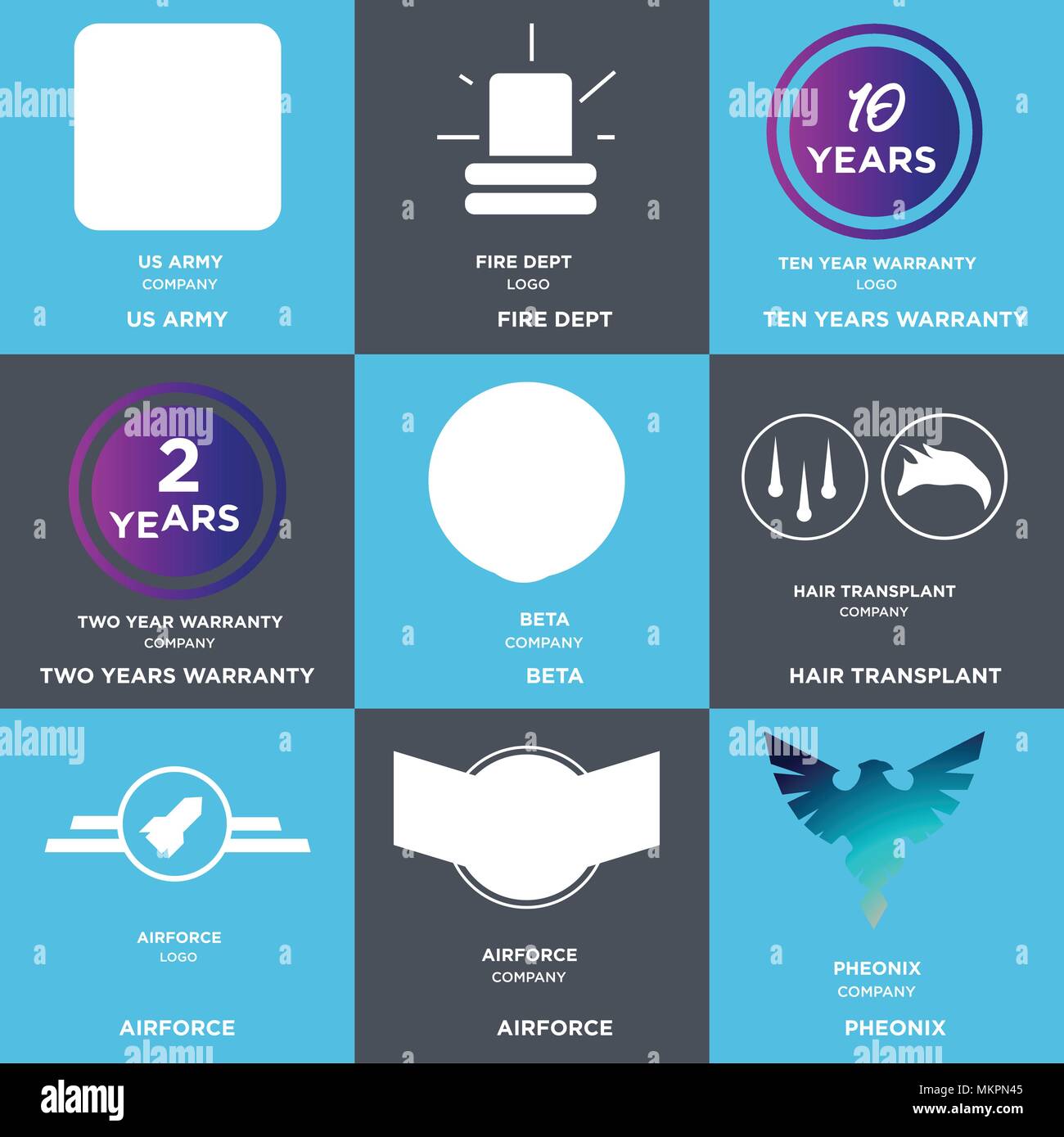 Set di 9 semplici icone modificabili quali Pheonix, Aeronautica Militare, trapianto di capelli, beta, due anni di garanzia, dieci fire dept, us army, può essere usato per il mobile, w Illustrazione Vettoriale