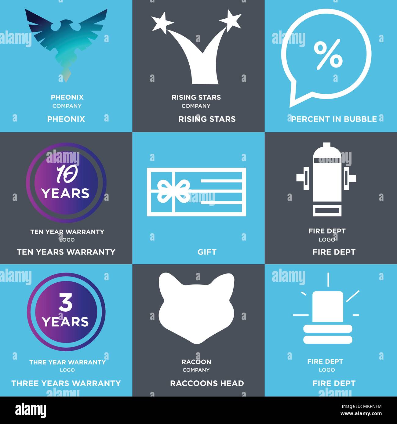 Set di 9 semplici icone modificabile come fire dept, procioni testa, garanzia di tre anni, di dono, di dieci per cento in bolla, Rising Stars, Pheonix, può essere utilizzato Illustrazione Vettoriale