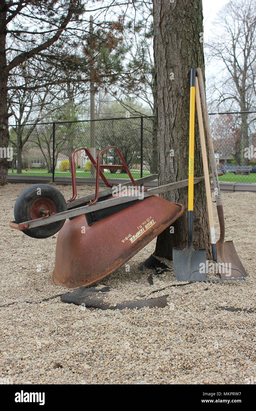 Varie attrezzature di manutenzione a Norwood Park Dog Park di Chicago, I'll - sottosopra carriola, e due pale appoggiata contro un albero. Foto Stock