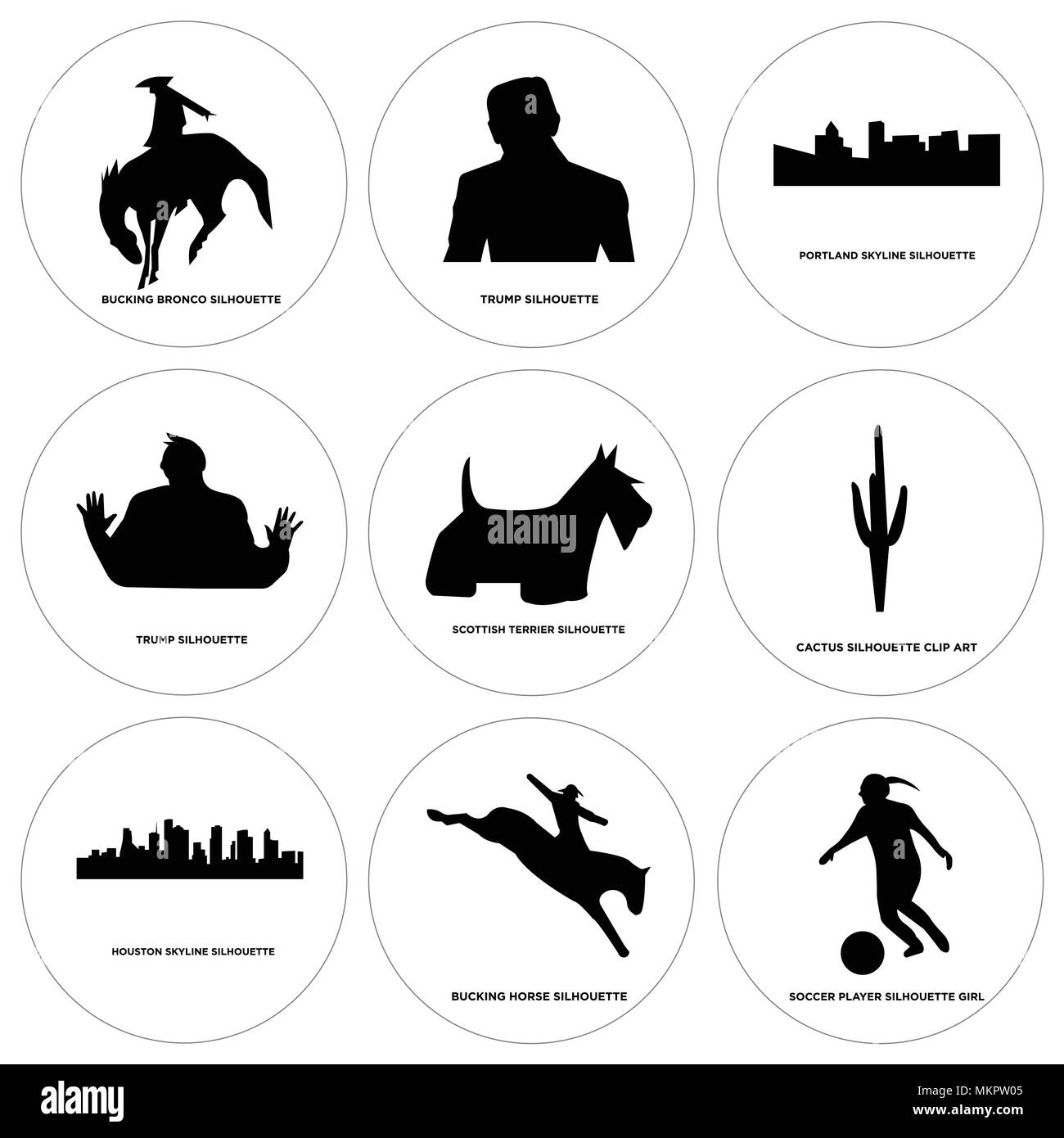 Set di 9 semplici icone modificabile come giocatore di calcio, strappi cavallo, Houston sky, cactus, scottish terrier, Trump, portland bronco, può essere utilizzato per i mo Illustrazione Vettoriale