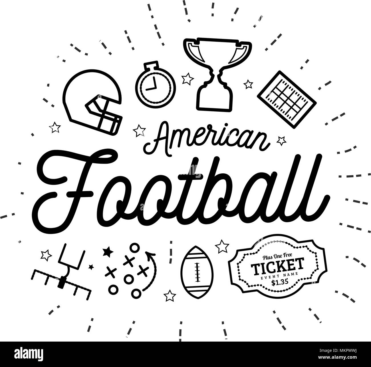 Football americano. Illustrazione Vettoriale nello stile di linee sottili con icone di piana in bianco e nero Illustrazione Vettoriale