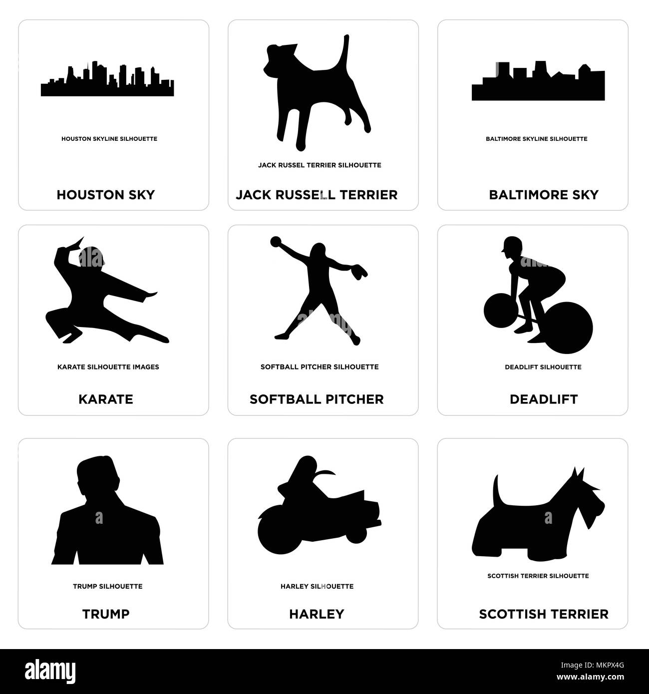 Set di 9 semplici icone modificabile come scottish terrier, Harley, Trump, deadlift, softball pitcher, karate, baltimore sky, jack russell houston può essere Illustrazione Vettoriale