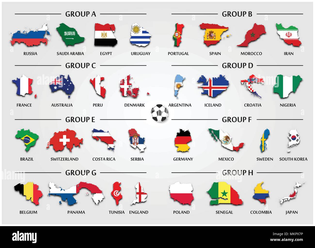 Il calcio o il Calcio team group set . Mappa del paese con la bandiera nazionale . Vettore per international world Championship tournament 2018 . Illustrazione Vettoriale