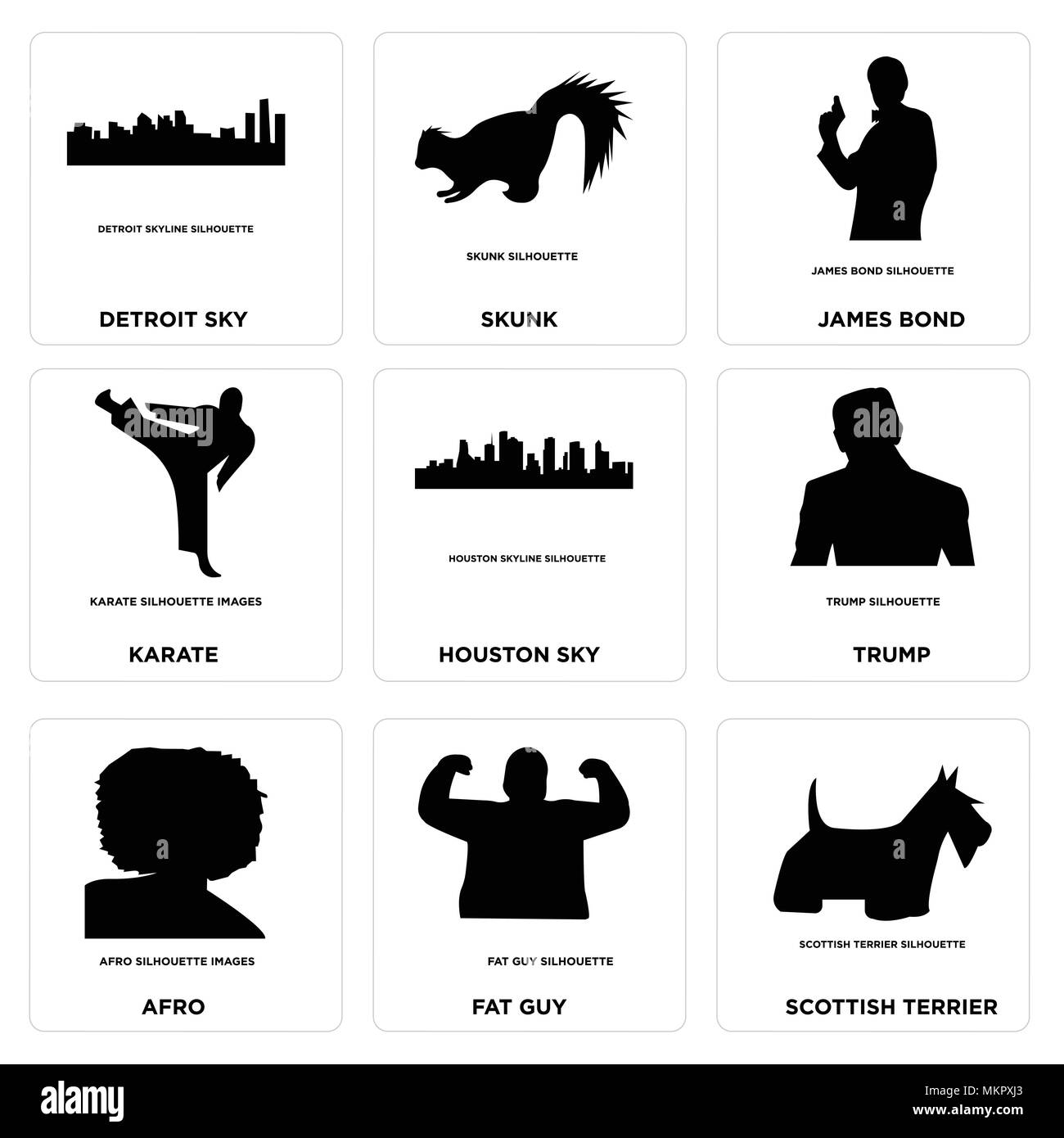 Set di 9 semplici icone modificabile come scottish terrier, fat guy, afro, Trump, Houston sky, karate, james bond, skunk, Detroit può essere utilizzato per il mobile, Illustrazione Vettoriale
