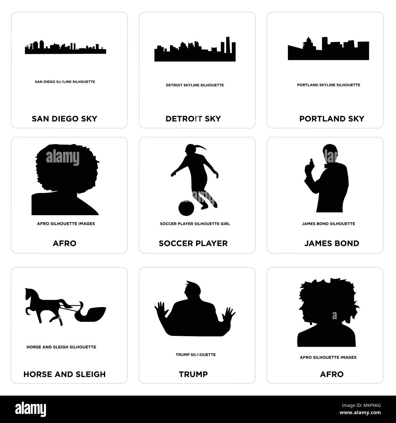 Set di 9 semplici icone modificabile come afro, Trump, cavallo e slitta, james bond, giocatore di calcio, portland sky, Detroit san diego può essere usata per mobil Illustrazione Vettoriale